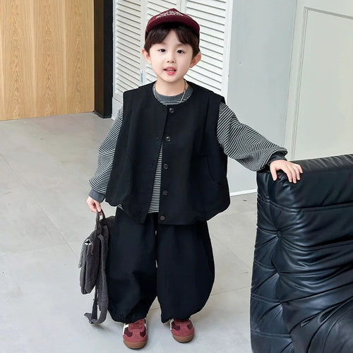 Boys' Fashion Set Spring Girls' Suit Children's Striped Top Vest  Trousers 3Pcs New Kids Casual Loose Outfits Autumn Clothing