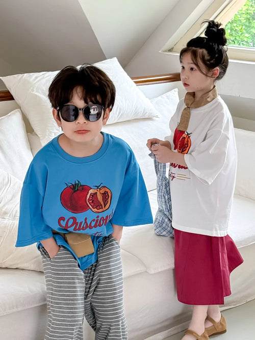 2025 Summer Children Casual T-shirt Cartoon Print Kid's Fashion Tops Boys Girls Round Neck Clothes Oversized Short Sleeve Tee